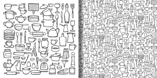 Cucina doodle mano disegnato insieme e modello senza soluzione di continuità — Vettoriale Stock