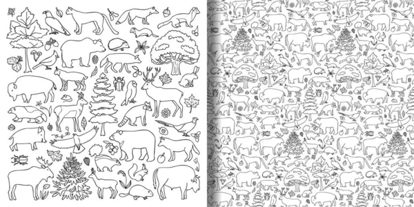 Animais florestais e plantas conjunto de objetos e padrão sem costura — Vetor de Stock
