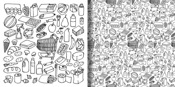 Supermarket hand drawn objects set and seamless pattern — Stock Vector