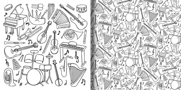 Ensemble d'instruments de musique Doodle et motif sans couture — Image vectorielle