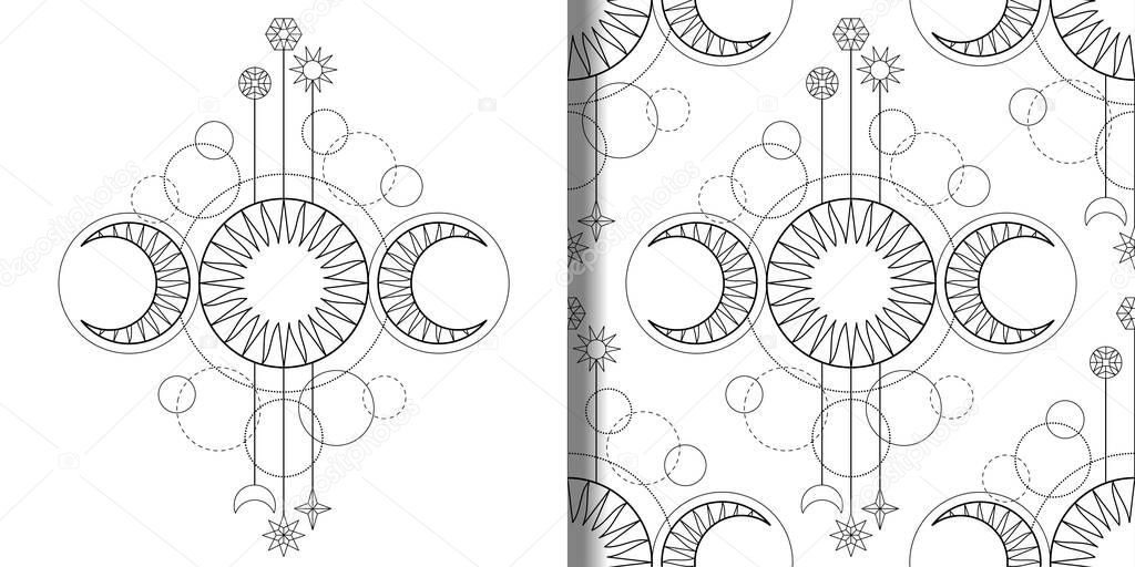 Print and seamless pattern from triple moon magic and astronomy symbol