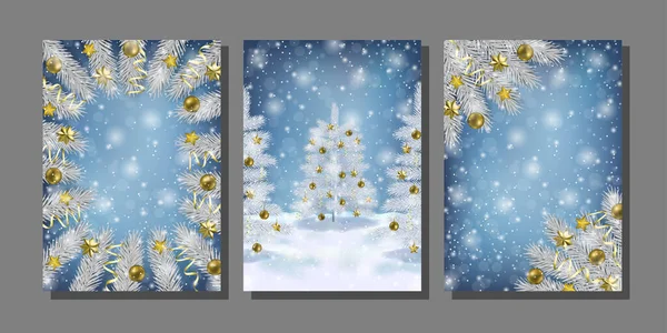 Árbol de abeto de invierno y tarjetas de felicitación de nieve conjunto — Vector de stock