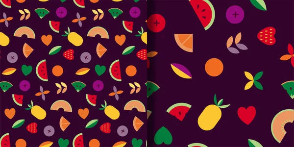 Fruit en bladeren abstracte vector naadloze patronen set. — Stockvector