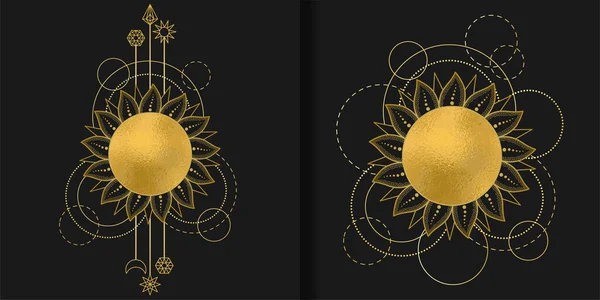 Patrones abstractos con sol dorado, luna, estrella y elementos geométricos — Archivo Imágenes Vectoriales