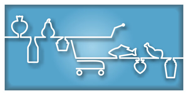 Икона с троллем супермаркета и продуктами питания
