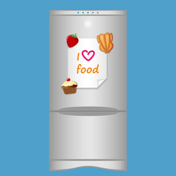 带冰箱和"我爱食品"上的磁铁的空白票据的图标 — 图库矢量图片