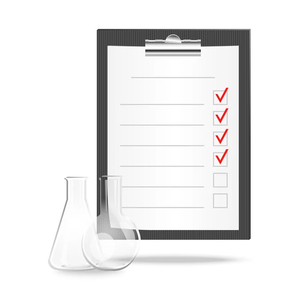 Vektorillustration einer Checkliste mit Abhaken von Aufgaben und Reagenzglas — Stockvektor