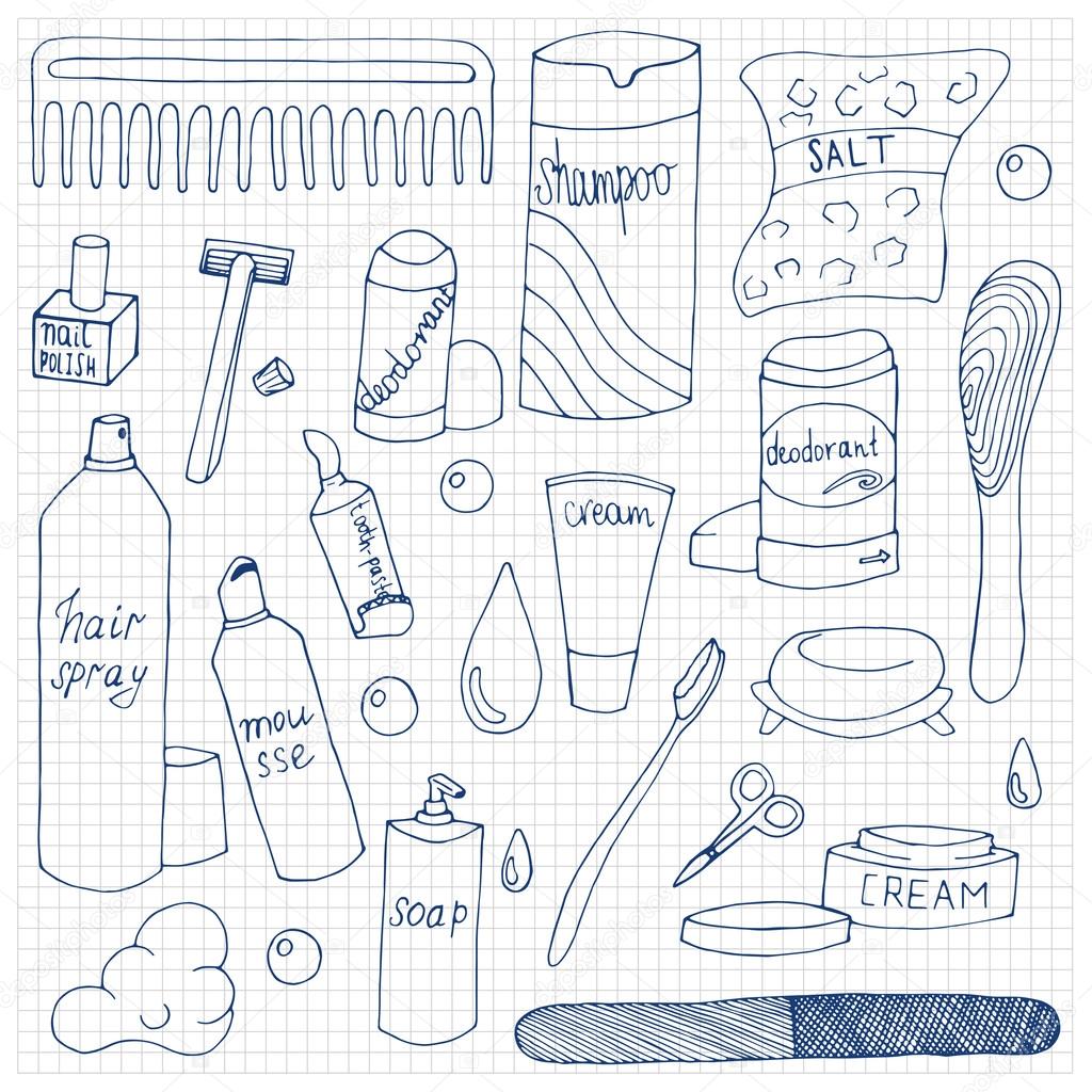 Bath accessories hand drawn doodle set