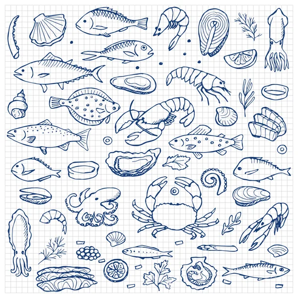 Fruits de mer éléments de gribouillage dessinés à la main — Image vectorielle