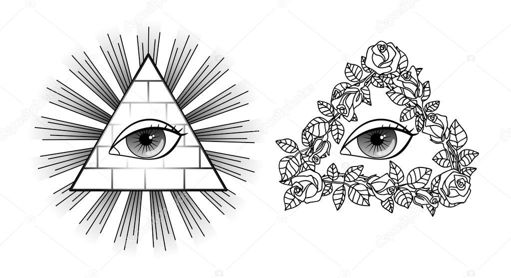 Set All seeing eye, pyramid, light and roses