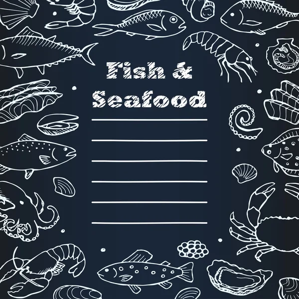 Fish and seafood menu with hand drawn doodle elements — Stock Vector