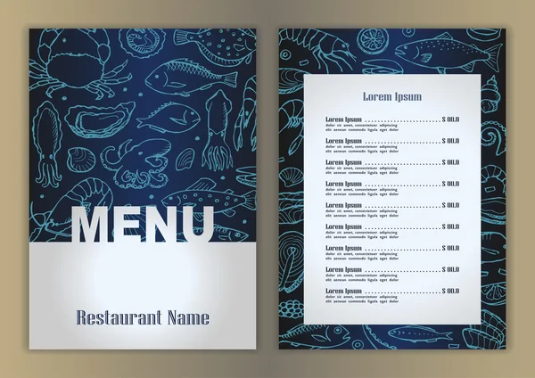 Menu de restaurante com elementos de doodle de frutos do mar desenhados à mão — Vetor de Stock