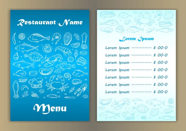 Restaurante menú de mariscos con elementos garabatos dibujados a mano — Vector de stock