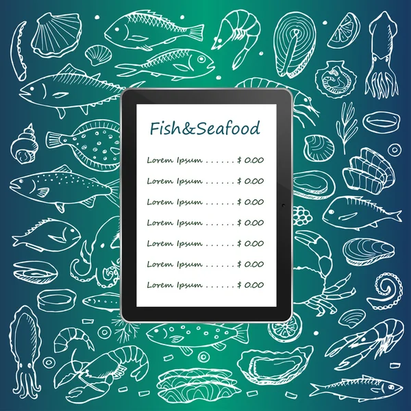 Menu de peixe e frutos do mar no computador tablet com elementos de rabiscos desenhados à mão — Vetor de Stock