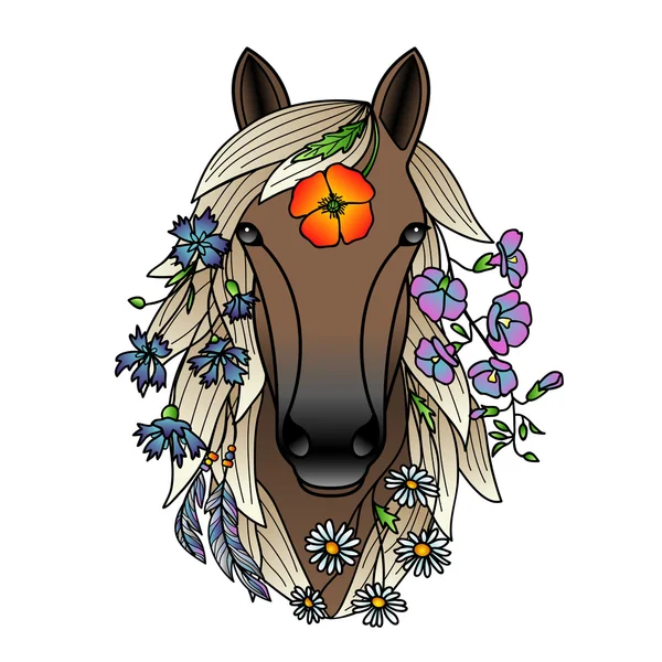 Cor cavalo e flores —  Vetores de Stock