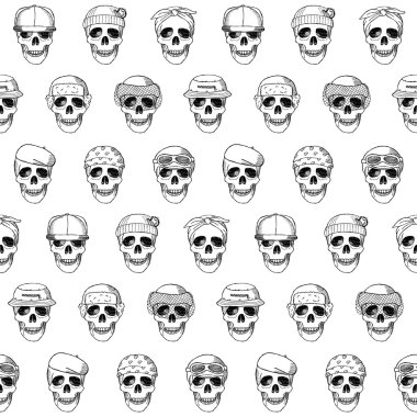 Seamless modeli el şapka ile çizilmiş kafatasları