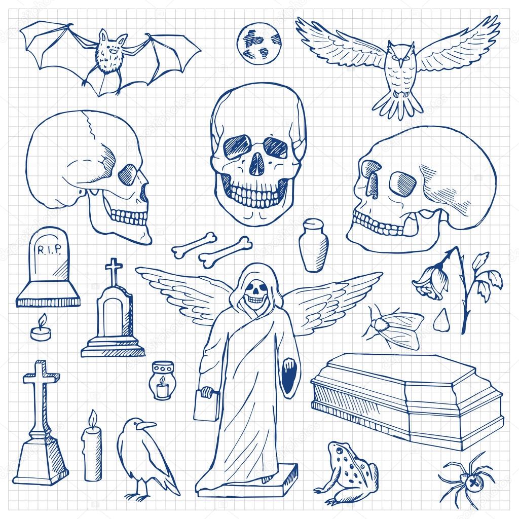 Set with hand drawn doodle skulls