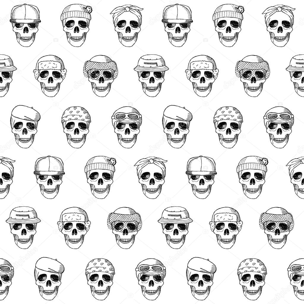 Seamless pattern hand drawn skulls with hats