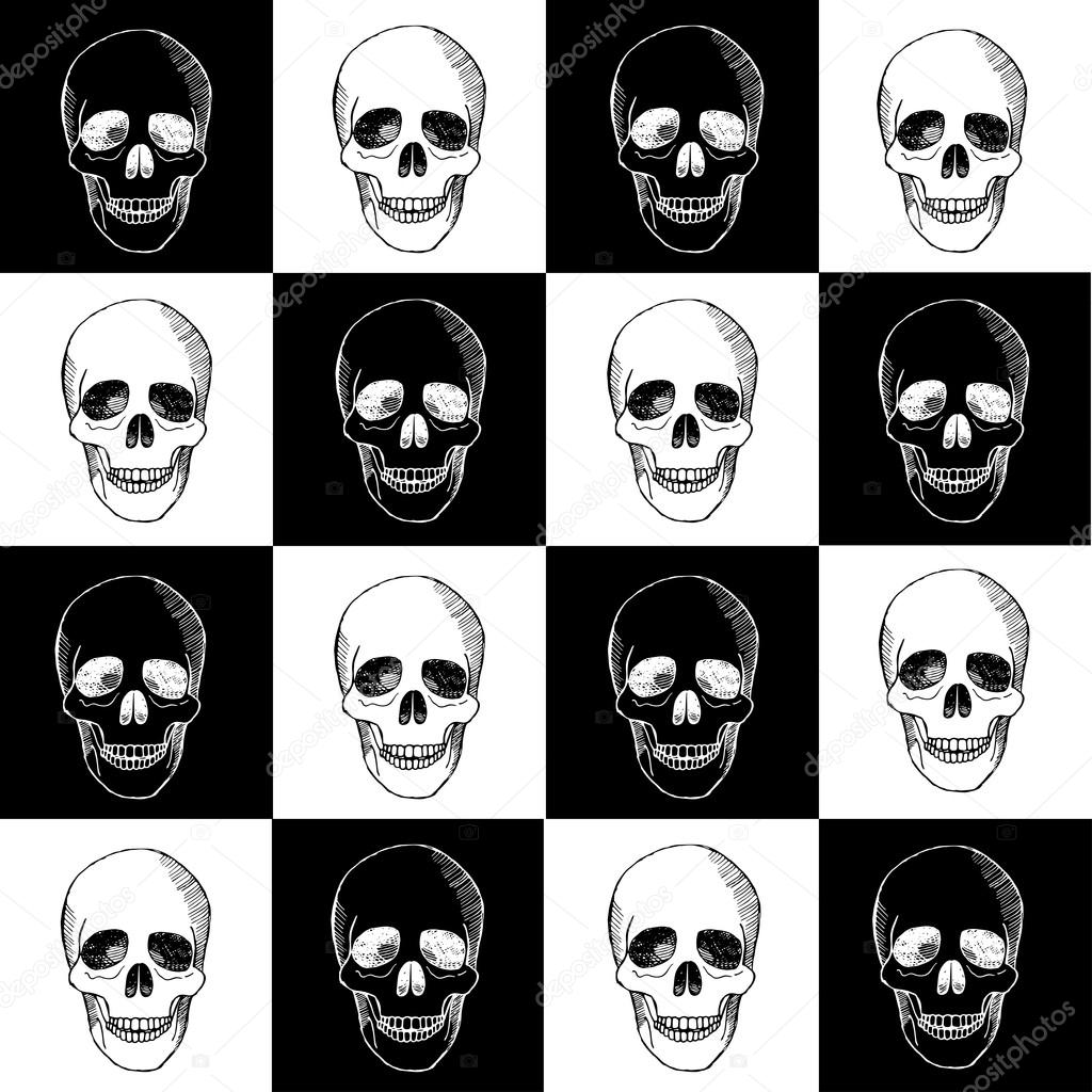 Seamless hand drawn pattern with skulls