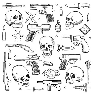 Elle çizilmiş doodle kafatasları ve silah ile ayarla
