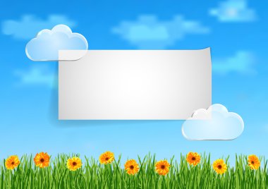 Background with grass, orange gerbera flowers and leaf of paper