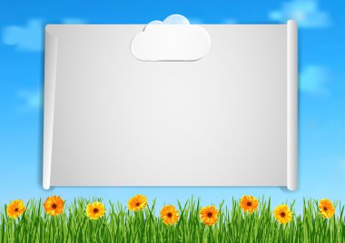 Background with grass, orange gerbera flowers and leaf of paper