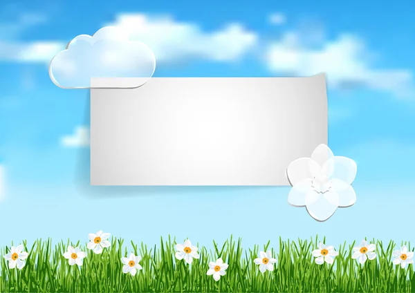 Background with grass, white flowers and leaf of paper — ストックベクタ