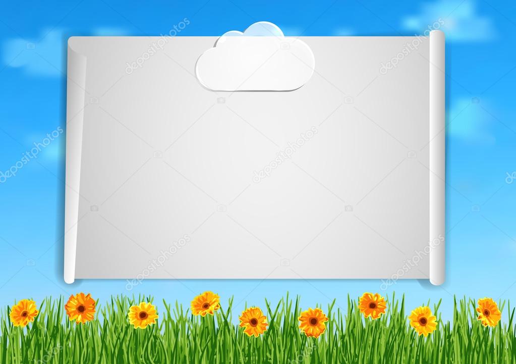 Background with grass, orange gerbera flowers and leaf of paper