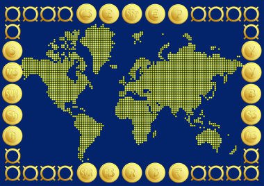 Soyut grafik Dünya Haritası altın yuvarlak noktalar ve 20 para birimi