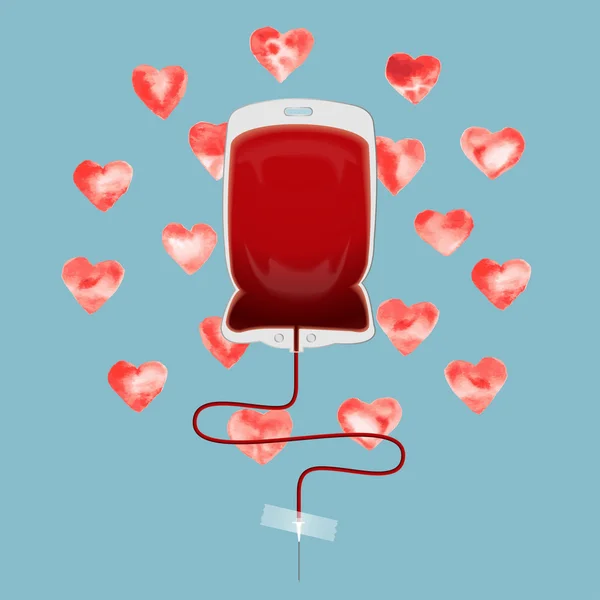 Sac de sang avec coeur aquarelle dessiné à la main — Image vectorielle