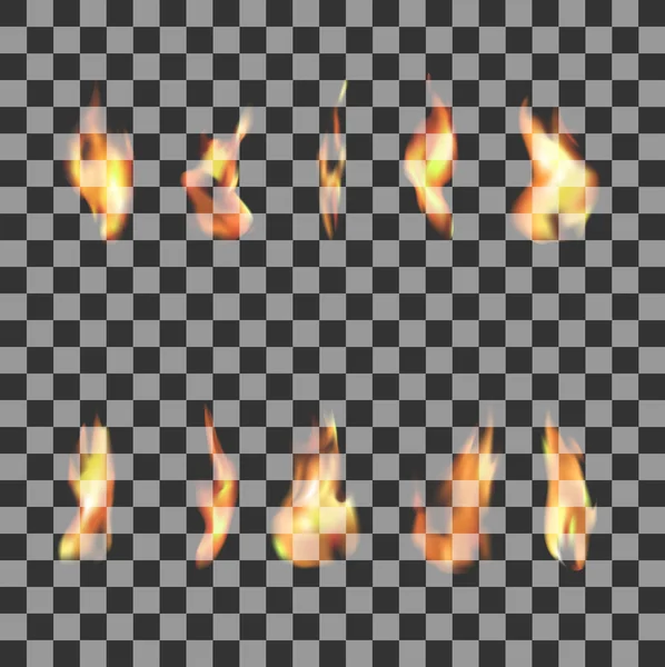 Set 10 llamas de fuego transparentes — Vector de stock