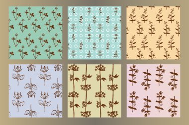 Sorunsuz vintage kümesi el çizilen mürekkep bitkisel desenler