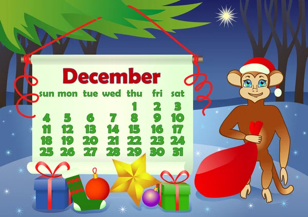 Календарь 2016 года с обезьяной. Декабрь — стоковый вектор