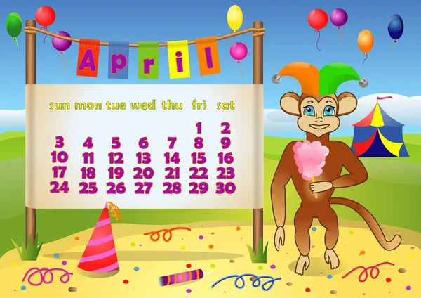 Календарь 2016 года с обезьяной. Апрель — стоковый вектор