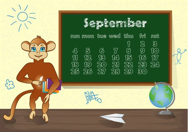 Календарь 2016 года с обезьяной. Сентябрь — стоковый вектор