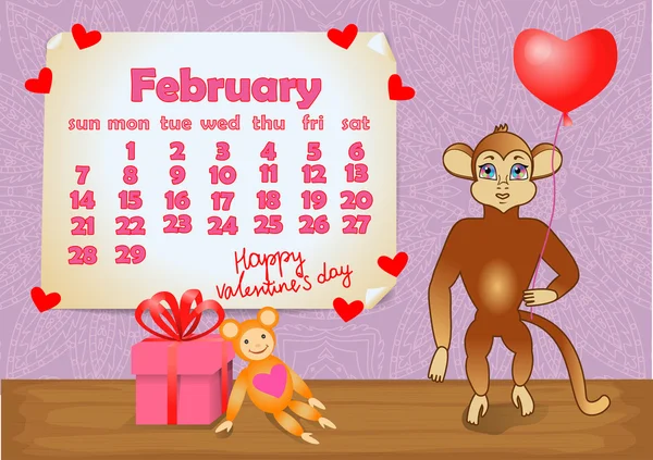 Kalendář 2016 rok s opicí. Únor — Stockový vektor
