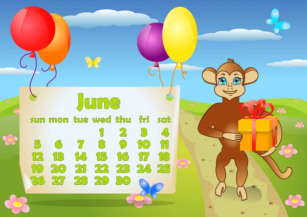 Календарь 2016 года с обезьяной. Июнь — стоковый вектор