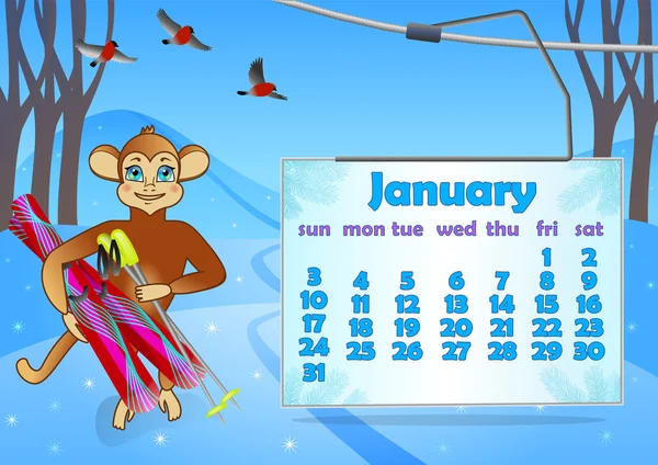 Календарь 2016 года с обезьяной. Январь — стоковый вектор
