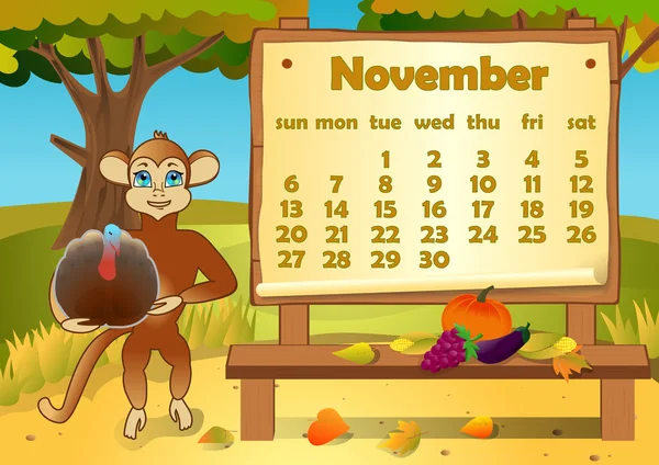 Календарь 2016 года с обезьяной. Ноябрь — стоковый вектор
