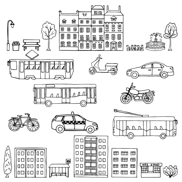 Transporte urbano conjunto dibujado a mano — Archivo Imágenes Vectoriales