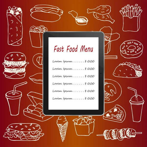 Fast Food menu met hand getrokken doodle elementen en tablet pc — Stockvector