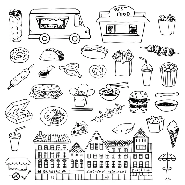 Set de garabatos dibujados a mano Fast Food — Archivo Imágenes Vectoriales