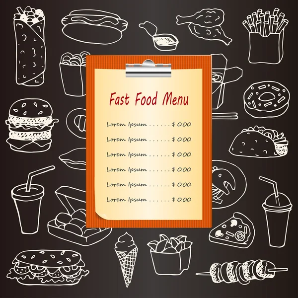 Menu Fast Food com elementos de rabiscos desenhados à mão — Vetor de Stock