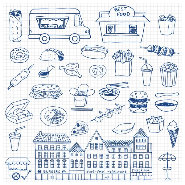 Set de garabatos dibujados a mano Fast Food — Vector de stock