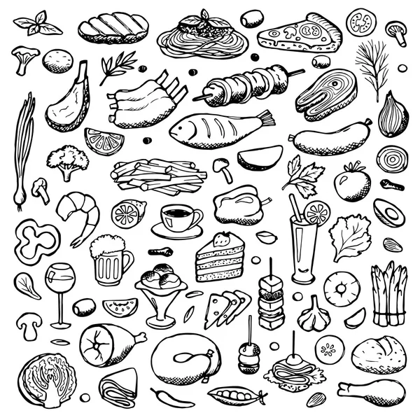 Set dessiné à la main doodle aliments et boissons éléments — Image vectorielle