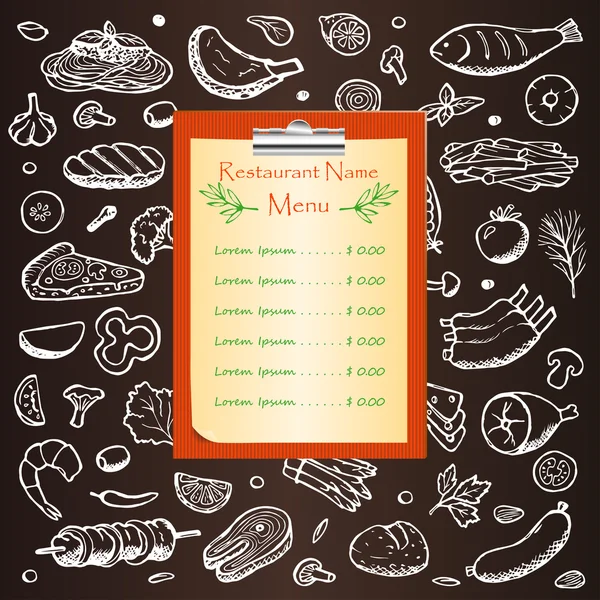 Menú del restaurante con elementos garabatos dibujados a mano — Vector de stock