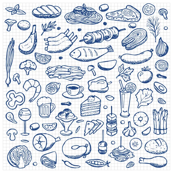 Definir mão desenhado doodle alimentos e bebidas elementos — Vetor de Stock