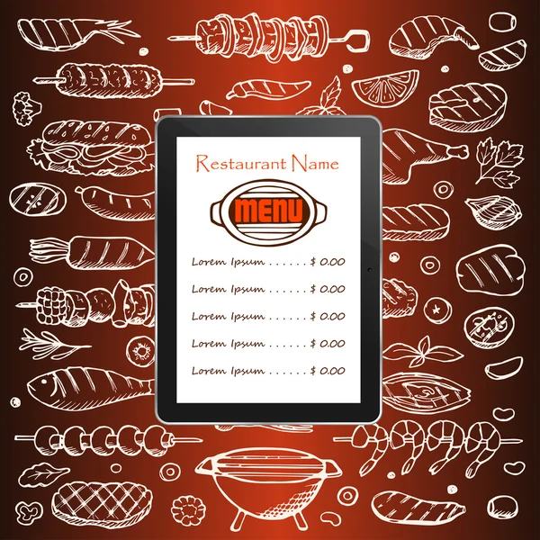 Restaurant menu with grill hand drawn doodle elements and tablet computer — Stock Vector