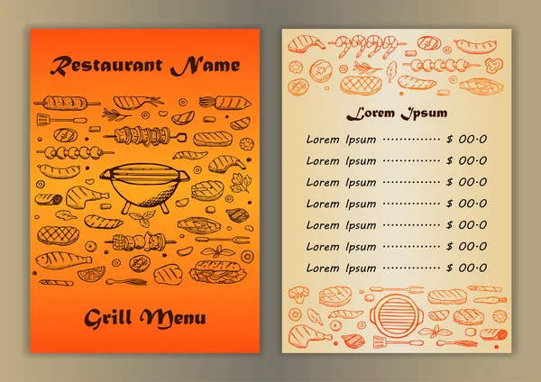Restaurant menu with grill hand drawn doodle elements — Stock Vector