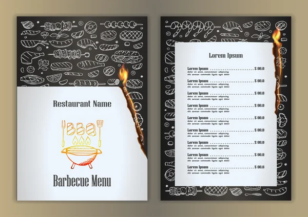 Menú del restaurante con elementos garabatos dibujados a mano barbacoa — Vector de stock